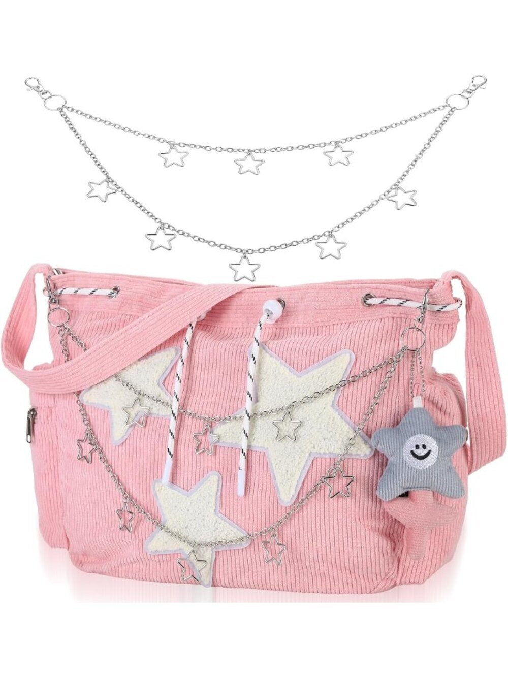 Women's Pink Zipper Aesthetic Corduroy Hip Hop Chain Tote Shoulder Handbag